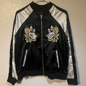 Embroidered Black Bomber Jacket with Cherry Blossoms and Tiger